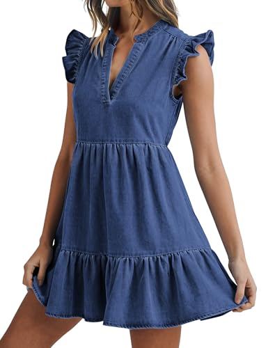 Image of POTILI Denim Dress for Women Mini Jean Dress with Pockets | Ruffle Sleeve, V-neck, Two Side Pockets