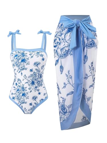 SHENHE Girl's Floral One Piece Swimsuit with Cover Up Sarong Wrap Tie Bow Cute Bathing Suits