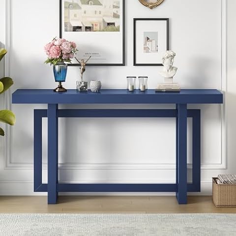Amposei Contemporary Minimalist Console Table 59-Inch Extra Long Sofa Entry Table Accent Table with Concrete Wood Top for Entryway Living Room Hallway (Navy Blue) Cover