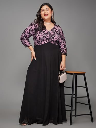 Image of Miss Chase A+ Women's Floral Printed Relaxed Fit V -Neck 3 /4Th Sleeve Georgette Maxi Dress