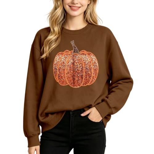 TRCELECTROP Pumpkin Graphic Sweatshirts for Women Sequin Pumpkin Halloween Sweatshirt Oversized Thanksgiving Crew Neck Top Brown - image 2
