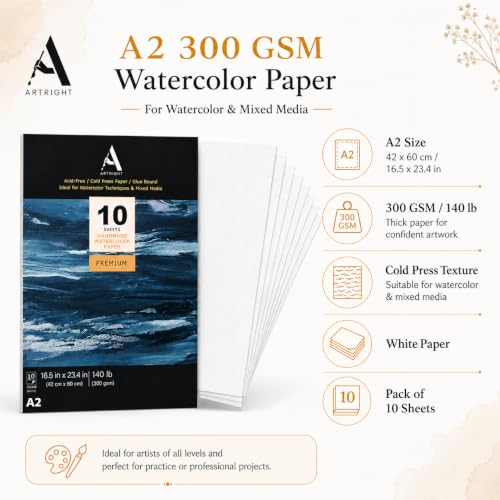 Image of ArtRight Artists' Watercolor Paper A2 300 GSM - 10 Sheets of Handmade Rough Grain Water Colour Papers for Watercolour, Acrylic, Gouache, Ink & Mixed Media