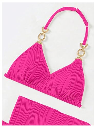 SweatyRocks Girl's 3 Piece Swimsuit Textured Halter Bikini Set with Beach Cover Up Skirt Swimwear4