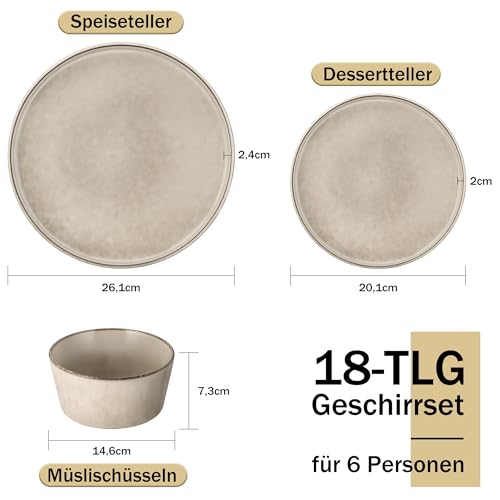 Homikit Geschirr Set, 18-tlg Steinzeug Geschirrset 6 Personen, Reaktive Glasur Tafelservice mit Dessertteller Müslischüsseln Speiseteller, Mikrowellen- und Spülmaschinenfest, Kratzfest, Stilvoll Khaki
