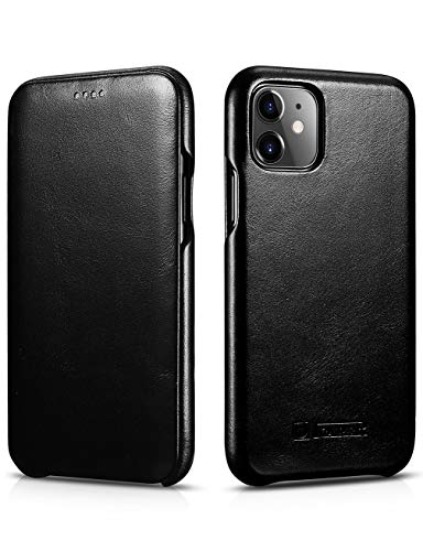 FONREST Flip Lederen Case voor iPhone 11 (6.1 inch), Icarer [Gebogen Rand Vintage Series] Koeienhuid Side Flip Slim Fit Lederen Folio Cover, Ondersteuning Draadloos Opladen (Zwart)