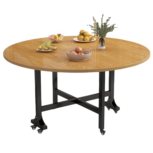 Mesa de comedor plegable portátil con ruedas, multifuncional, extensible, redonda, para espacios pequeños, acabado de nogal
