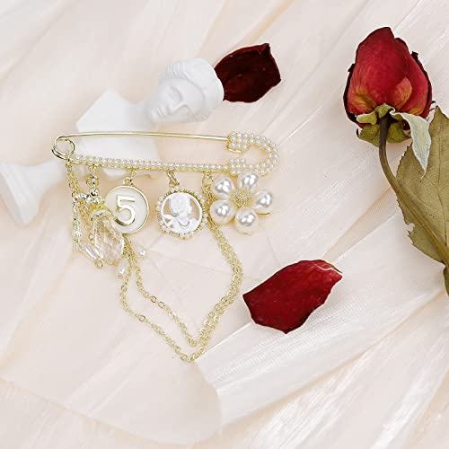Image of Fashion Pearl Four Leaf Clover Brooch Number 5 Vintage Rhinestone Camellia Brooches Pins for Women Wedding /Bouquet /Banquet Jewelry (Pearl Brooch Pin)(Heart Brooch)
