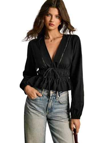 Image of Shasmi Women's Solid Deep V Neck Cotton Long Bishop Sleeve Drawstring Waist Ruffle Hem Peplum Top | Blouse | Casual Boho Cottagecore Shirt for Office, Vacation & Daily (Top 304)