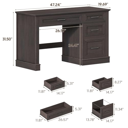 Image of Farmhouse 47 inch Executive Desk with File Drawer, Computer Desk with 4 Drawers, Workstation for Writing, Study, Home Office, Espresso.
