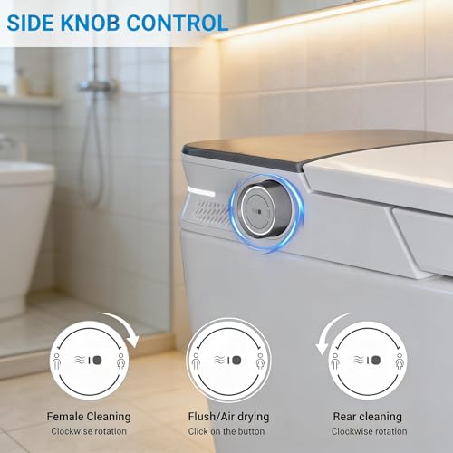Inodoro inteligente ADA con tanque y bomba, apertura/cierre automático, asiento calefactable, lavado con agua tibia instantánea, secado con aire, sensor de pie y control remoto, luz LED blanca miniatura 5