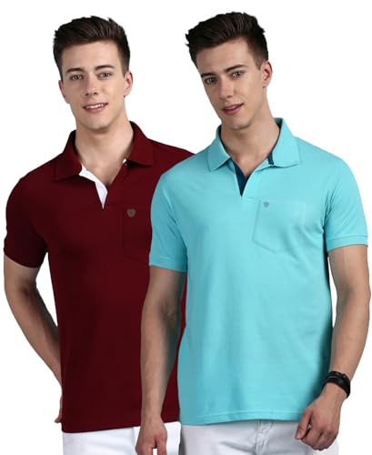 Image of Lux Cozi Men Cotton Regular Fit Polo Neck Half Sleeve Solid Casual T-Shirt with Chest Pocket | Pack of 2 |
