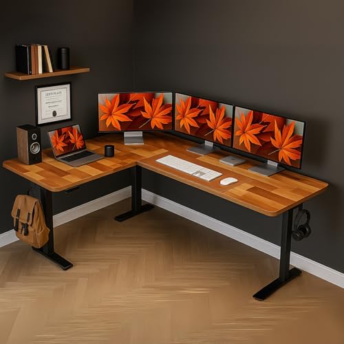 Image of TEKAVO HAD L Shaped Height Adjustable Solid Wood IWorkstation |Home & Office | L Shape Study Table with Spacious Desktop I DIY Assembly (Natural Wooden)