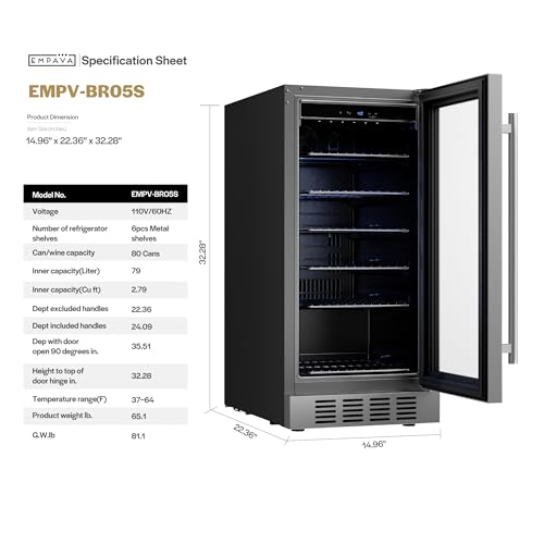 Image of Empava 15 inch Undercounter Beverage Cooler Refrigerator with Glass Door, Freestanding Drink Fridge with LED Light, Touch Control, 80 Cans Capacity
