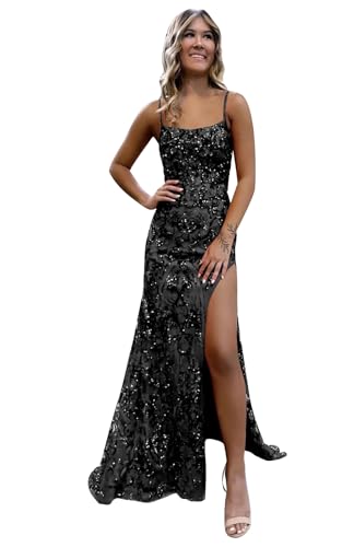 Women's Sequin Long Prom Dresses with Slit Sparkly Spaghetti Straps Tulle Mermaid Formal Evening Gowns