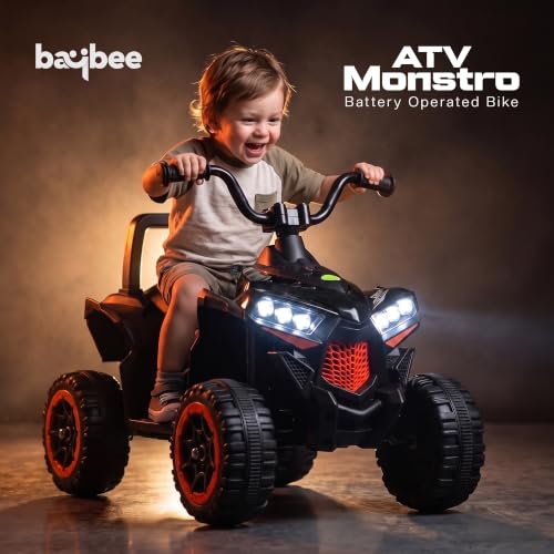 Image of Baybee Monstro Baby Electric Bike for Kids | Rechargeable Balance Bikes with LED Lights, USB, Music & Backrest | Beach ATV Dirt Bikes | 6V Battery Operated Kids Bike for 2-5 Years Boys Girls (Black)