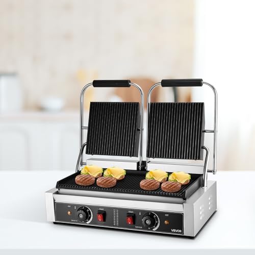 VEVOR Commercial Panini Grill, 3600W Electric Sandwich Panini Maker, Stainless Steel Double Sandwichs Press with Handle and Temp Control, 19x9 in Full Grooved Enamel Plate, for Hamburger Steak Bacon by VEVOR - Image 2