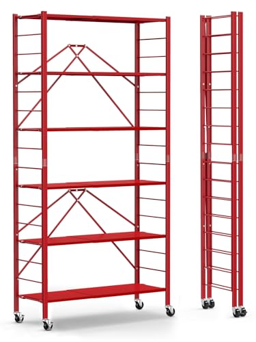 Image of Himix 6-Tier Expandable Storage Shelves Wheels Foldable Shelf Garage Red | Folding shelving units, Metal collapsible organization, Changeable into 2 shelf units, Adjustable, Basement, Holds 3600 Ibs