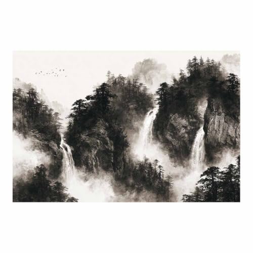 Tableau toile cascade de la montagne encre noir et blanc 80x120