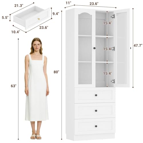 Image of Cyclysio 80 inch Tall Pantry Cabinet for Kitchen Storage, 2 Set White Pantry Cabinet with Glass Doors & 3 Drawers - Freestanding Storage Bookcase with Built-in Baseboard Notch for Dining, Living Room