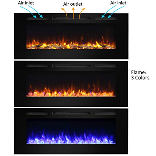 PuraFlame Alice 50 Inches Recessed Electric Fireplace, Wall Mounted for 2 X 6 Stud, Log Set & Crystal, 1500W Heater, Black - Thumbnail 6
