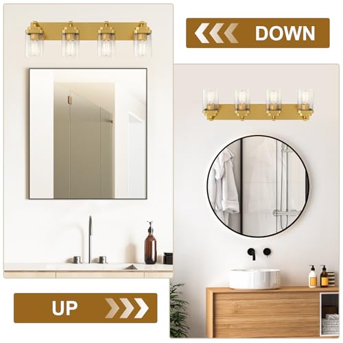 Image of Brushed Gold Bathroom Light Fixtures, 4 Lights Bathroom Lighting Fixtures Over Mirror, Square Design & Rectangle Large Backplate, Modern Vanity Lighting Fixtures, for Living Room /Bedroom