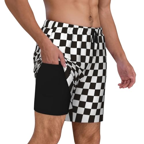 Black and White Checkerboard Mens Swim Trunks Swim Shorts Swimming Trunks with Pockets-3