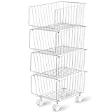 Rolling Stackable Storage Bin, Modern 4 Tiers Basket with Pre-Installed Casters, Utility Storage Organizer for Pantry, Closets, Bedrooms (Gray)