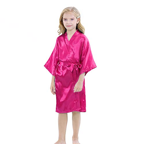 Kids Silky Robes for Girls Spa Party Bridal Party Wedding Flower Girl Knee Length Plain Color Kimono Loungewear Sleepwear (Rose, Tag 12)