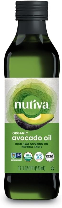 Nutiva Organic Steam-Refined Avocado Oil, 100% Pure, 16 Fl Oz, USDA Organic, Non GMO, Whole 30 Approved, Keto, Paleo, High-Heat Oil with Neutral Flavor and Aroma for Cooking & Frying