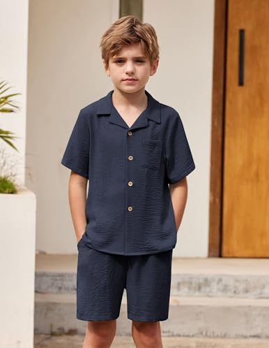 Image of Arshiner Boys 2 Pieces Summer Beach Outfits Short Sleeve Button Down Shirts and Shorts Vacation Texture Sets for Kids