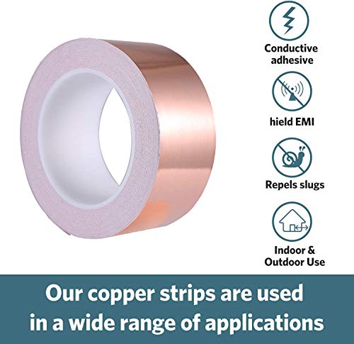Copper Foil Tape, Conductive Adhesive (2inch X 66 FT), High Temperature Resistance Copper Electrical Adhesive Roll for Guitar & EMI Shielding, Slug Repellent, Crafts, Electrical Repairs, Grounding
