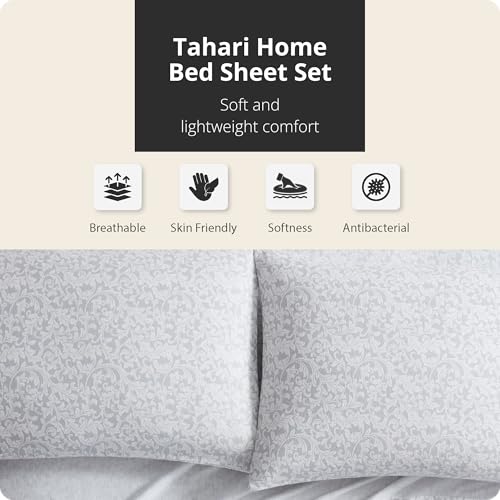 Image of Tahari Home - King Sheets, 4-Piece Cotton Flannel Bedding with Matching Pillowcases, Brushed for Extra Softness, Cozy Home Decor (Scroll Gray, King)