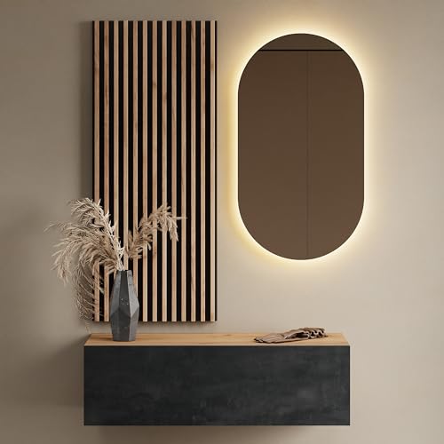 Planetmöbel Flur Möbel Garderobe 1x 100cm Gold Eiche/schwarz Charcoal, Wandpaneel 50cm Gold Eiche/Anthrazit mit Spiegel 50cm (ohne LED), Wandgarderobe 32,5H x 100B x 37,8T cm