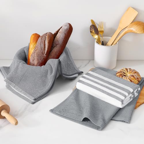 Image of Homaxy Premium Kitchen Towels(18 inchx 28 inch, 3 Pack), Large Cotton 380 GSM Kitchen Hand Towels, Soft and Absorbent Terry Dish Towels, Multipurpose Tea Towel Set with Hanging Loop, Grey