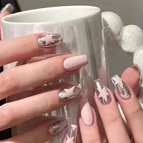 DHWEKU 24 Piezas Uñas Postizas Cortas Cuadradas, Press on Nails Francesa con Diseño, Uñas Postizas Elegantes sin Pegamento, Uñas Postizas que se Pegan para Mujeres