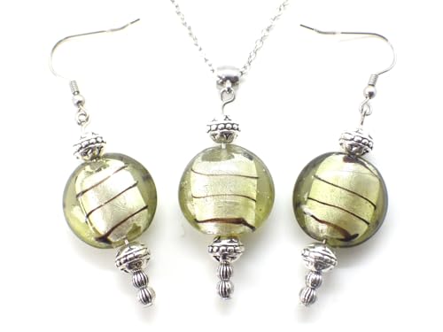 Parure collier et boucles d'oreilles en verre lampwork champagne et laiton