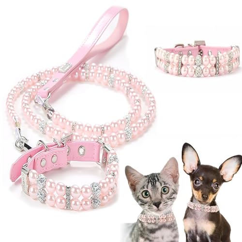 1Luxuriöses Perlen- Hundehalsband und Leine, Rosa mit Kristall- Strasssteinen, zweireihiges Perlen- Design, mehrere Farbgrößen (Rosa, M)