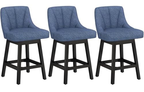 Image of YaFiti 26 inch Fabric Swivel Bar Stools Set of 3 with Back & Wood Leg,Navy Blue | Linen Fabric, Extra Upholstered Seat, Counter Stool, Square Solid Wood Legs, with Backrest & Footrest, for Kitchen Island Bar