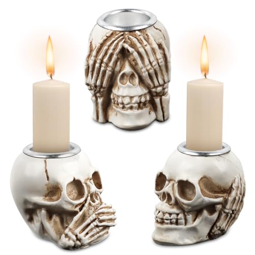 JWTRSVTY 3 PCS Portavelas Calavera, Halloween Portavelas De Cráneo, Candelabro Resina...