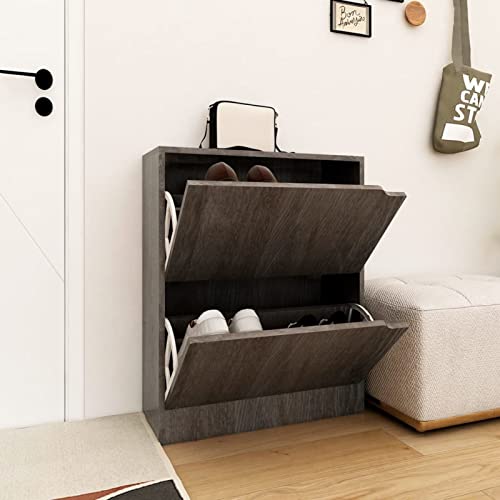 qohoio 338121 - Zapatero con 2 puertas, roble Sonoma gris, 59 x 24 x 74 cm, armario de madera aglomerada, armario de almacenamiento, perfecto para pasillo estrecho, sala de estar, dormitorio