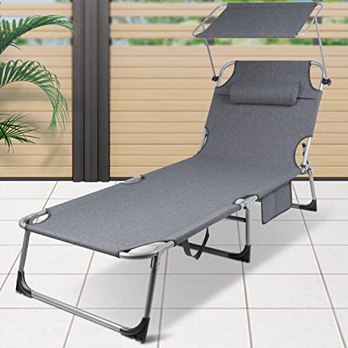 Soontrans Tumbona con Parasol, Tumbonas Jardin Exterior con Bolsillo Lateral y Reposacabezas y Asas de Transporte, Extra Ancho, Tumbona Plegable Fácil de Transportar, 193 x 67,5 x 29 cm (Gris Oscuro)
