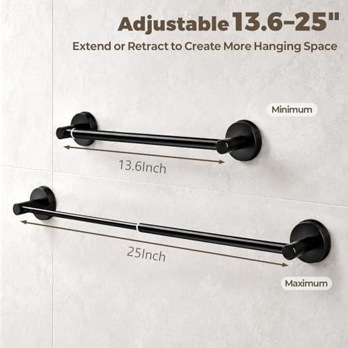 Adjustable Suction Cup Towel Bar – Towel Racks for Bathroom, 13.6-25 Inch, Stainless Steel Bathroom Towel Holder with 4 S Hooks, No Drill for Kitchen, Shower & Smooth Surfaces – Black — view 2