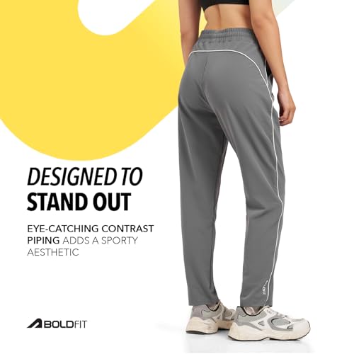 Image of Boldfit Track Pants for Women with Contrast Piping,Lightweight Poly Terry Fabric,Elastic Waistband, Side Slant Pockets,Regular Fit Gym Track Pants for Woman Athletic Gym,Running & Casual Wear Joggers