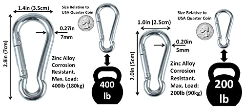 Branded Boards Black & Silver Heavy Duty Zinc-Galvanized Steel Carabiner Spring Snap Clip Link Hooks. 200-400lb Load. 6 Packs, 12 Packs and Variety Packs. (Silver-5cm & 7cm-12 Pack) - Thumbnail 4
