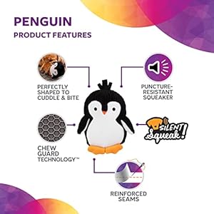Strong ‘N Silent Penguin Silent Squeak Plush Dog Toy, Chew Guard Technology – Black/White, Medium