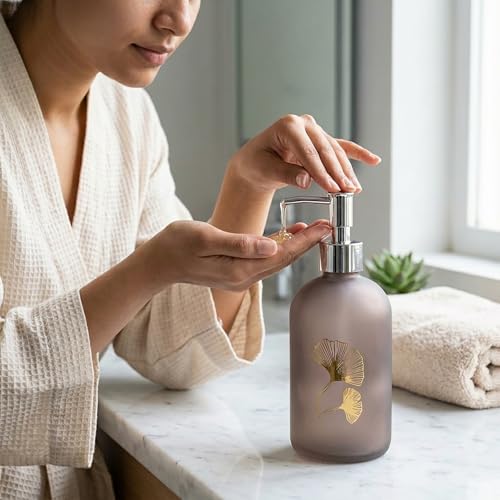 Image of Luxe Home International Flower Print Glass Soap Dispenser for Bathroom and Kitchen Sink Leak Proof Liquid Hand Wash Round Bottle Lightweight Smooth Finish (19.5x7.5 cm Brown) Pack of 1