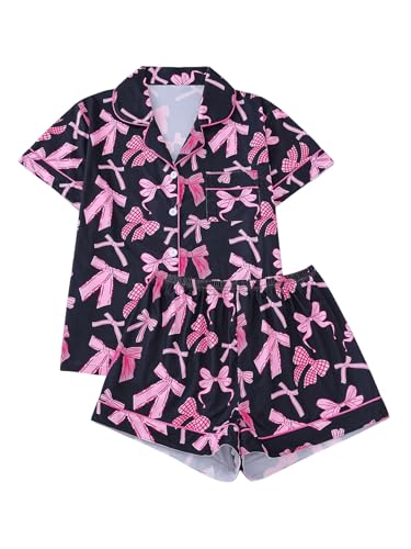 Image of SHENHE Women's 2 Piece Pajama Set Bow Graphic Button Down Short Sleeve Lapel Shirt Pj Short Set