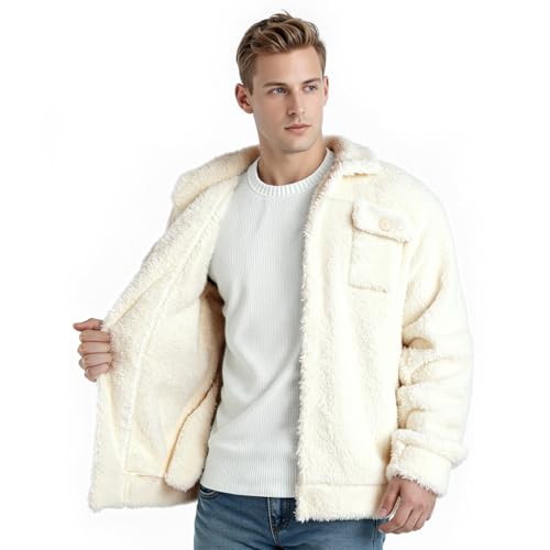 Image of GINGTTO Mens Furry Button-Up Jacket 4 Pockets Fluffy Coat For Men