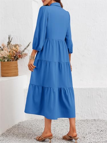 Image of Wenrine Womens Casual 3 /4 Sleeve Shirt Dress Button Down V Neck Tiered Collared Flowy Maxi Dress