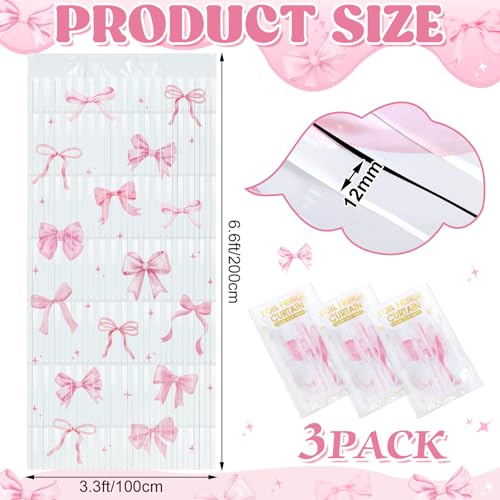 Image of 3 Pack Pink Bow Tinsel Foil Fringe Curtains Pink Bow Party Backdrop 3.3 x 6.6 ft Coquette Streamer Hanging Decoration for Baby Shower Bachelorette Bridal Shower Birthday Party Decor Photo Booth
